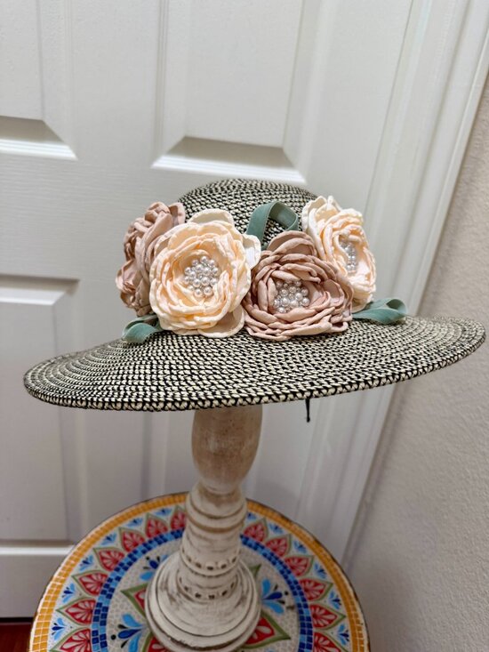 Elegant Women\'s Tweed Sun Hat With Satin Flowers And Pearls Wedding Tea Party main image 8